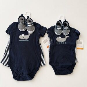 Hudson Baby Whale Bodysuit Sets with Shoes – Navy | Sizes 3–6 Months & 18 Months